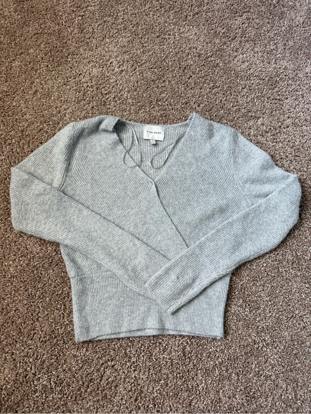 Pink Rose Light Gray V-Neck Ribbed Knit Sweater